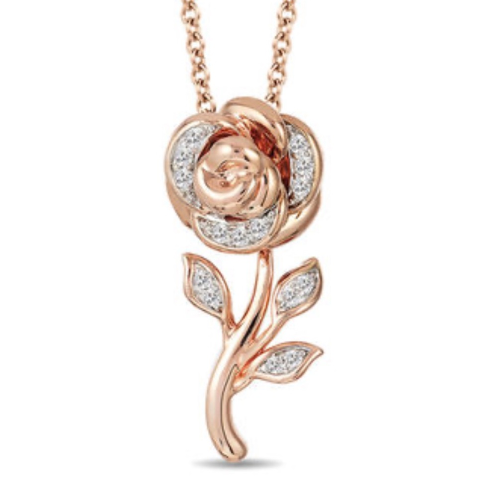 Zales Enchanted Disney Belle Diamond Rose 10k rose gold w/ matching earrings